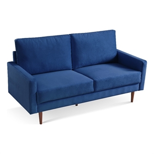 69 Inch Wide Upholstered Two Cushion Sofa with Square Arms in Blue Velvet