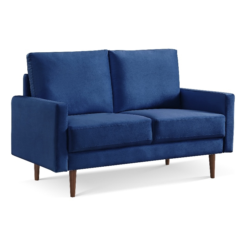 57 Inch Wide Upholstered Two Cushion Loveseat with Square Arms in Blue Velvet