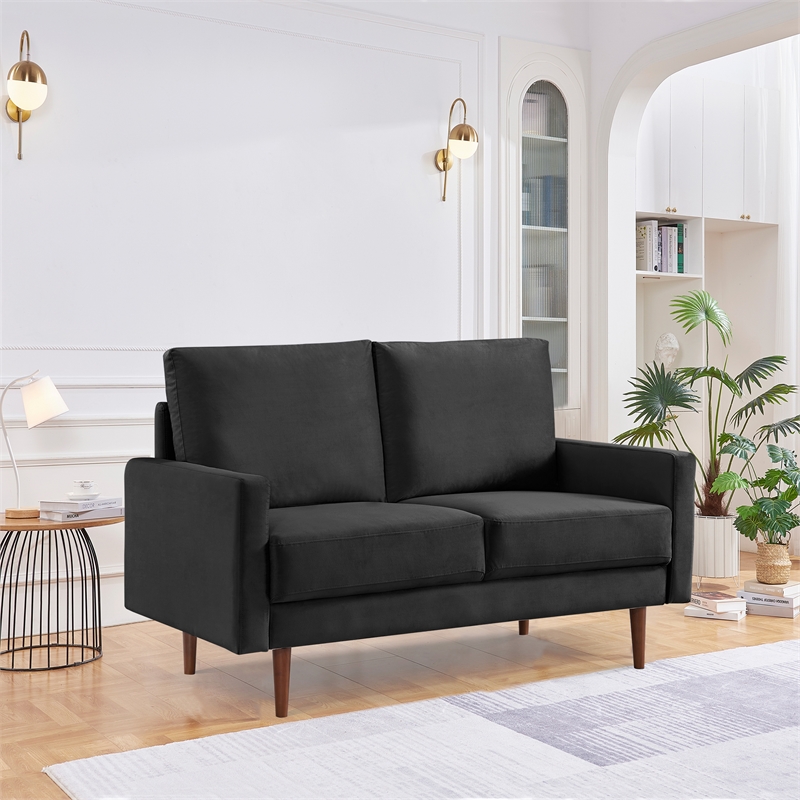 57 Inch Wide Upholstered Two Cushion Loveseat with Square Arms in Black Velvet