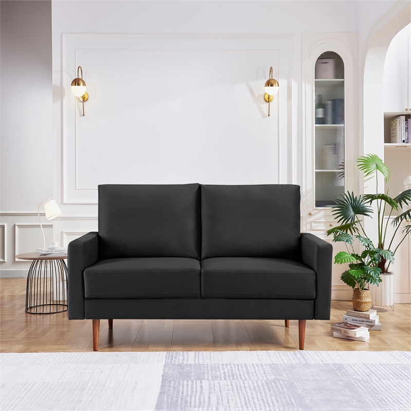 57 Inch Wide Upholstered Two Cushion Loveseat with Square Arms in Black Velvet