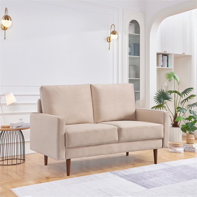 57 Inch Wide Upholstered Two Cushion Loveseat with Square Arms in Beige Velvet
