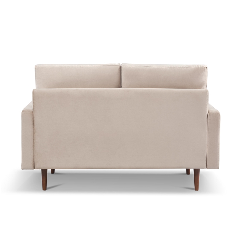 57 Inch Wide Upholstered Two Cushion Loveseat with Square Arms in Beige Velvet