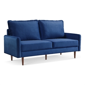 69 Inch Wide Upholstered Two Cushion Sofa with Cambered Arms in Blue Velvet