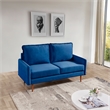 57 Inch Wide Upholstered Two Cushion Loveseat with Cambered Arms in Blue Velvet