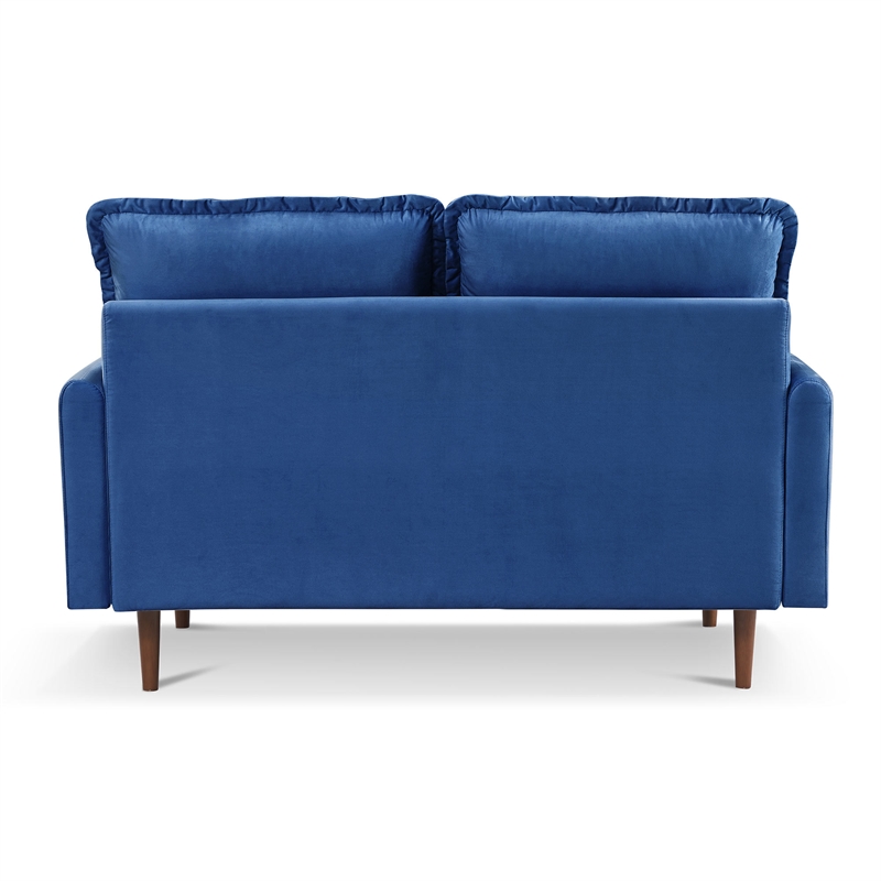 57 Inch Wide Upholstered Two Cushion Loveseat with Cambered Arms in Blue Velvet