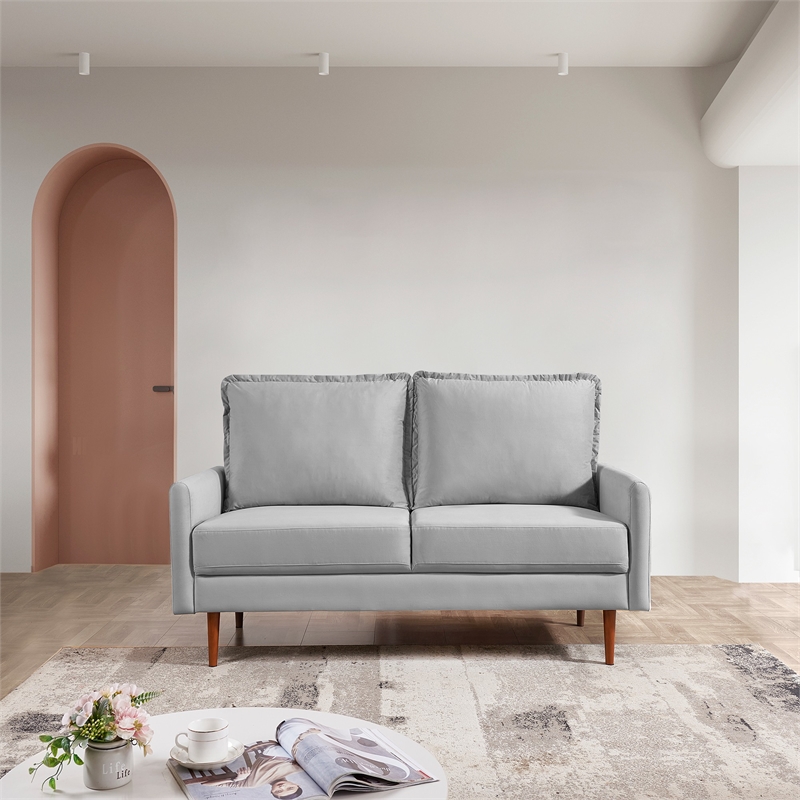 57 Inch Wide Upholstered Two Cushion Loveseat with Cambered Arms in Grey Velvet