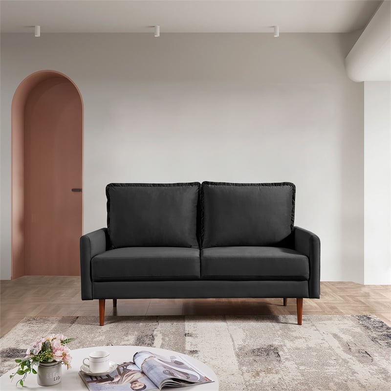 57 Inch Wide Upholstered Two Cushion Loveseat with Cambered Arms in Black Velvet