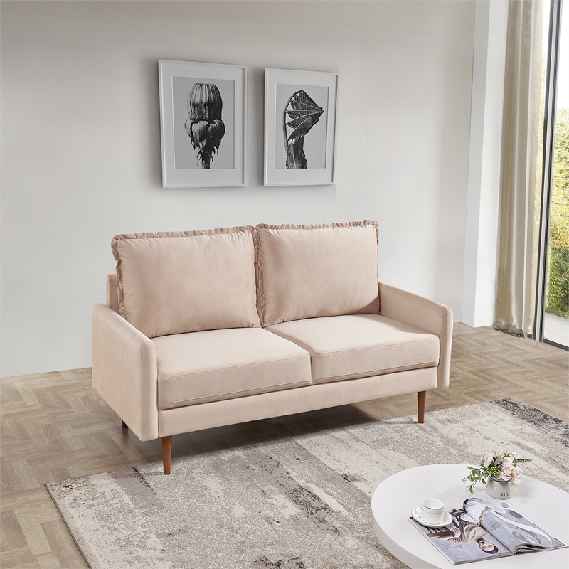 57 Inch Wide Upholstered Two Cushion Loveseat with Cambered Arms in Beige Velvet