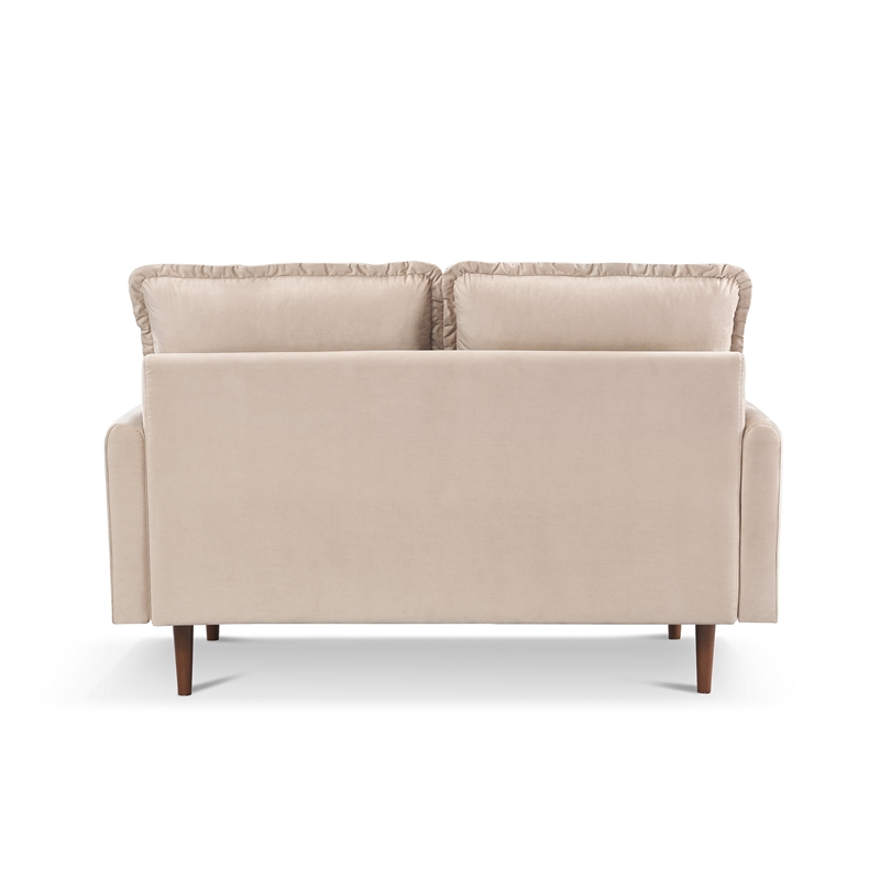 57 Inch Wide Upholstered Two Cushion Loveseat with Cambered Arms in Beige Velvet