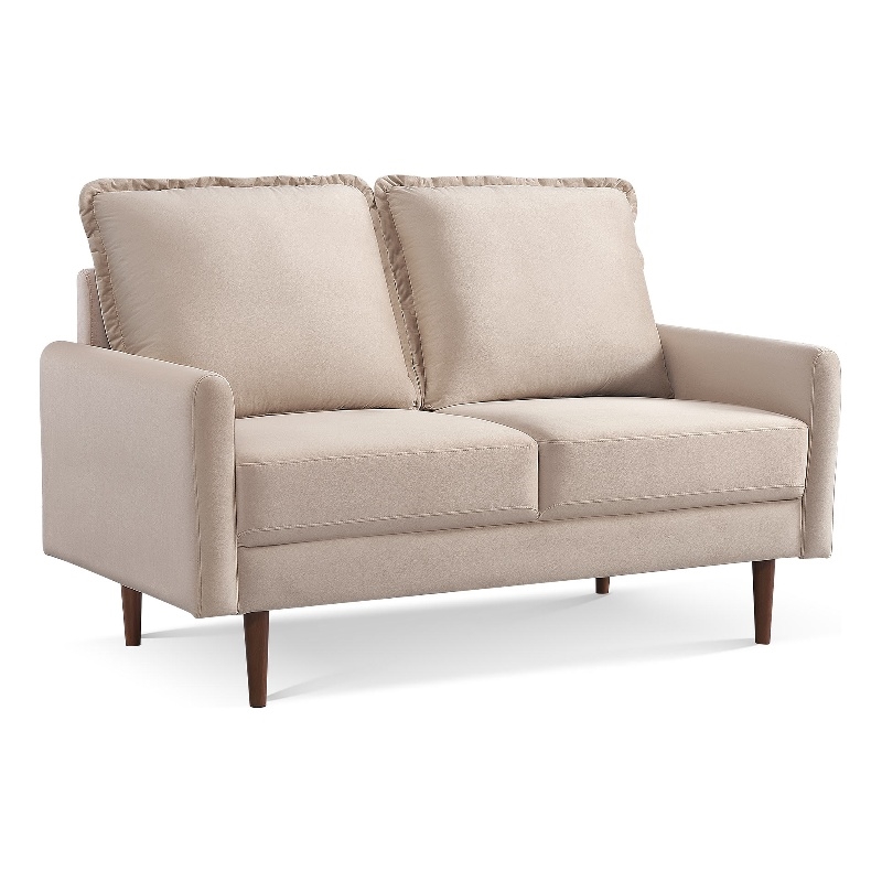 57 Inch Wide Upholstered Two Cushion Loveseat with Cambered Arms in Beige Velvet