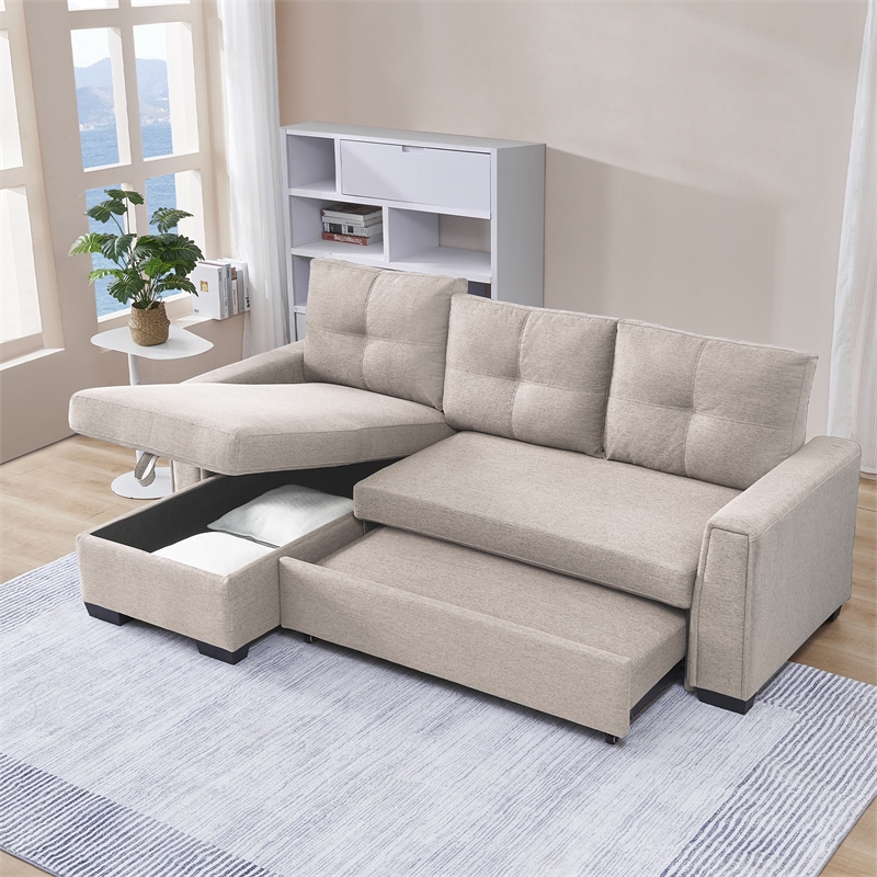 Tufted Sectional Chaise Sofa Sleeper with Storage in Beige