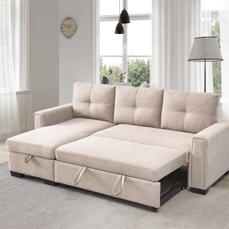 Tufted Sectional Chaise Sofa Sleeper with Storage in Beige