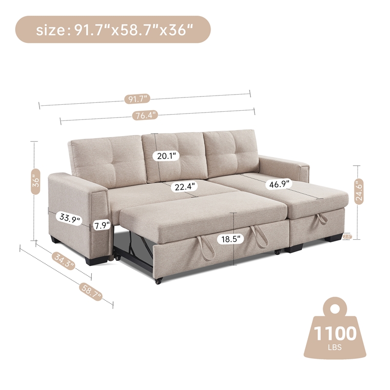Tufted Sectional Chaise Sofa Sleeper with Storage in Beige