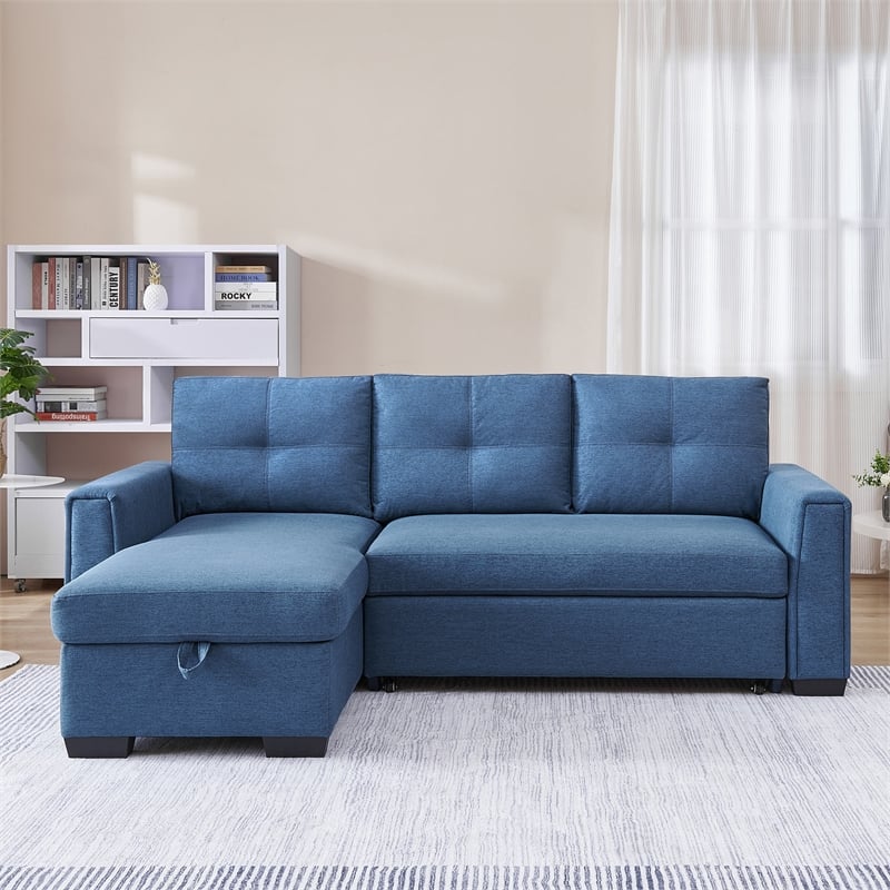 Tufted Sectional Chaise Sofa Sleeper with Storage in Blue