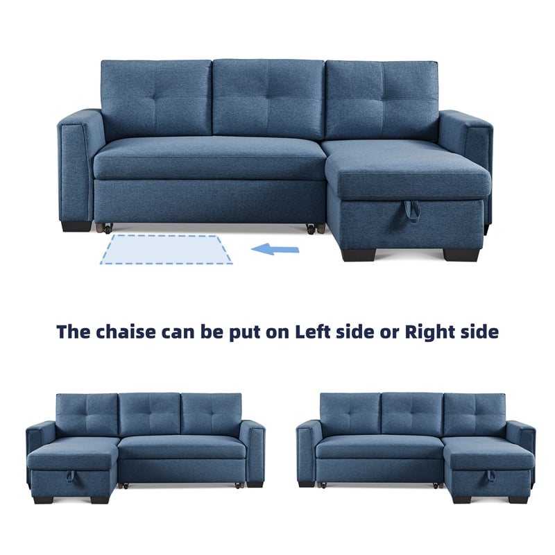 Tufted Sectional Chaise Sofa Sleeper with Storage in Blue
