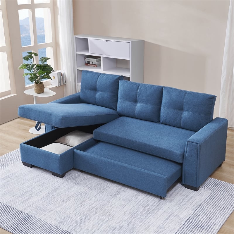 Tufted Sectional Chaise Sofa Sleeper with Storage in Blue