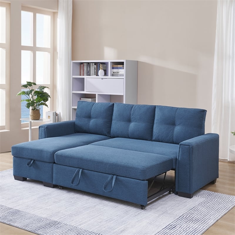 Tufted Sectional Chaise Sofa Sleeper with Storage in Blue