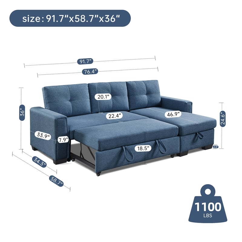 Tufted Sectional Chaise Sofa Sleeper with Storage in Blue