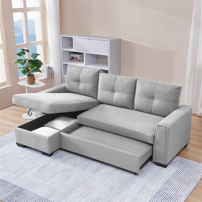 Tufted Sectional Chaise Sofa Sleeper with Storage in Dark Grey