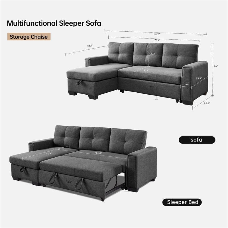 Tufted Sectional Chaise Sofa Sleeper with Storage in Dark Grey