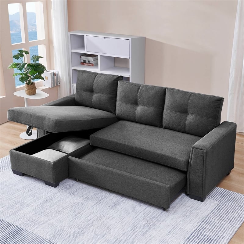 Tufted Sectional Chaise Sofa Sleeper with Storage in Dark Grey