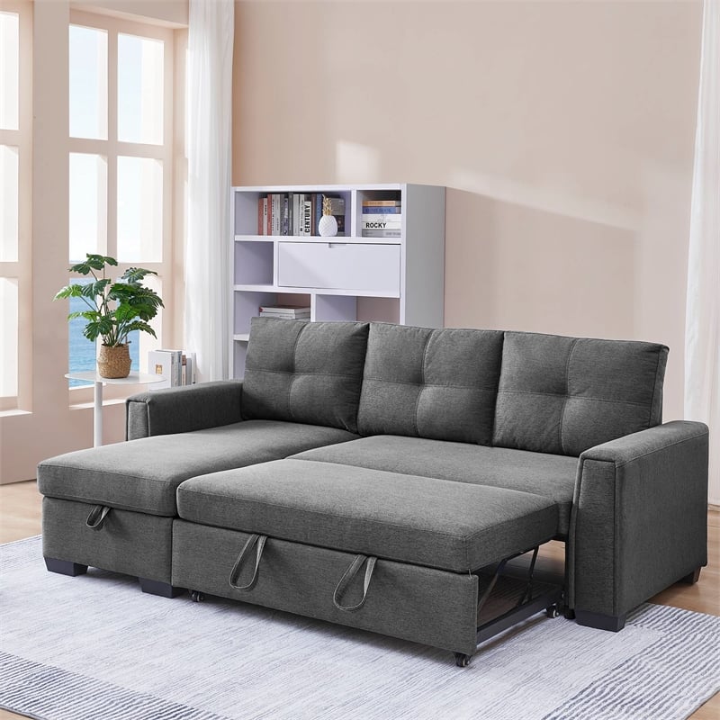 Tufted Sectional Chaise Sofa Sleeper with Storage in Dark Grey