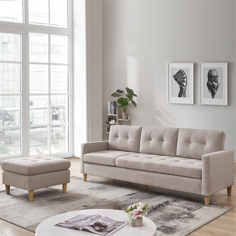 Two Piece Upholstered Tufted L Shaped Sectional with Ottoman in Beige