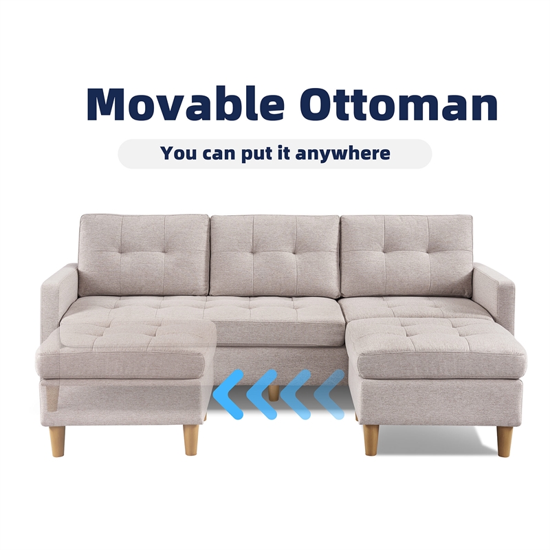 Two Piece Upholstered Tufted L Shaped Sectional with Ottoman in Beige