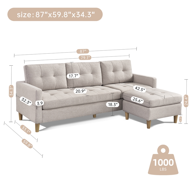 Two Piece Upholstered Tufted L Shaped Sectional with Ottoman in Beige