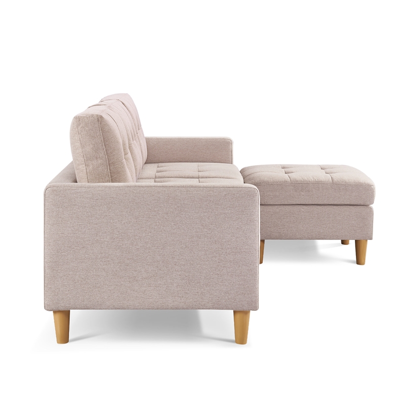 Two Piece Upholstered Tufted L Shaped Sectional with Ottoman in Beige