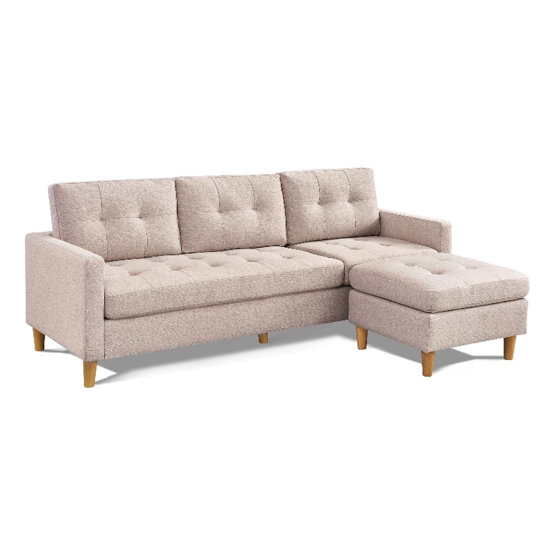 Two Piece Upholstered Tufted L Shaped Sectional with Ottoman in Beige