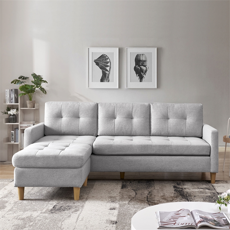 Two Piece Upholstered Tufted L Shaped Sectional with Ottoman in Light Grey