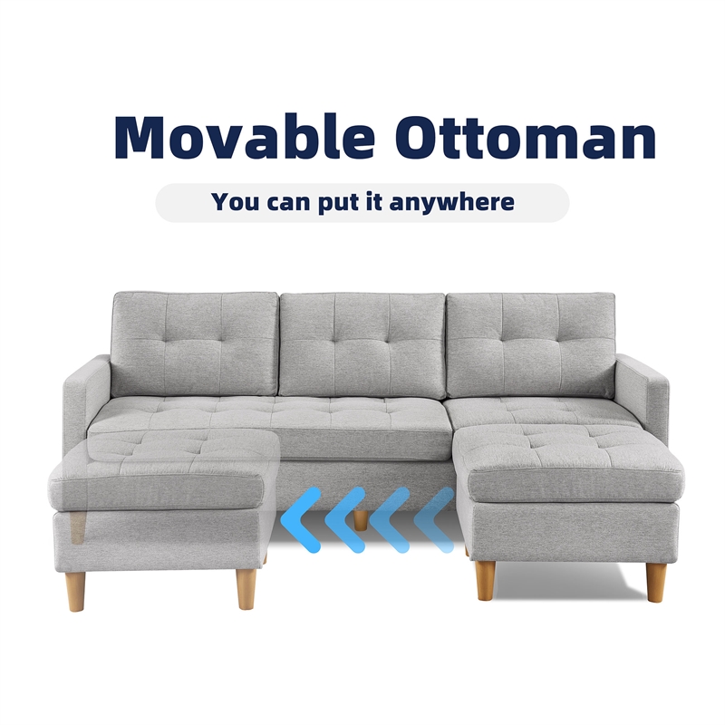 Two Piece Upholstered Tufted L Shaped Sectional with Ottoman in Light Grey