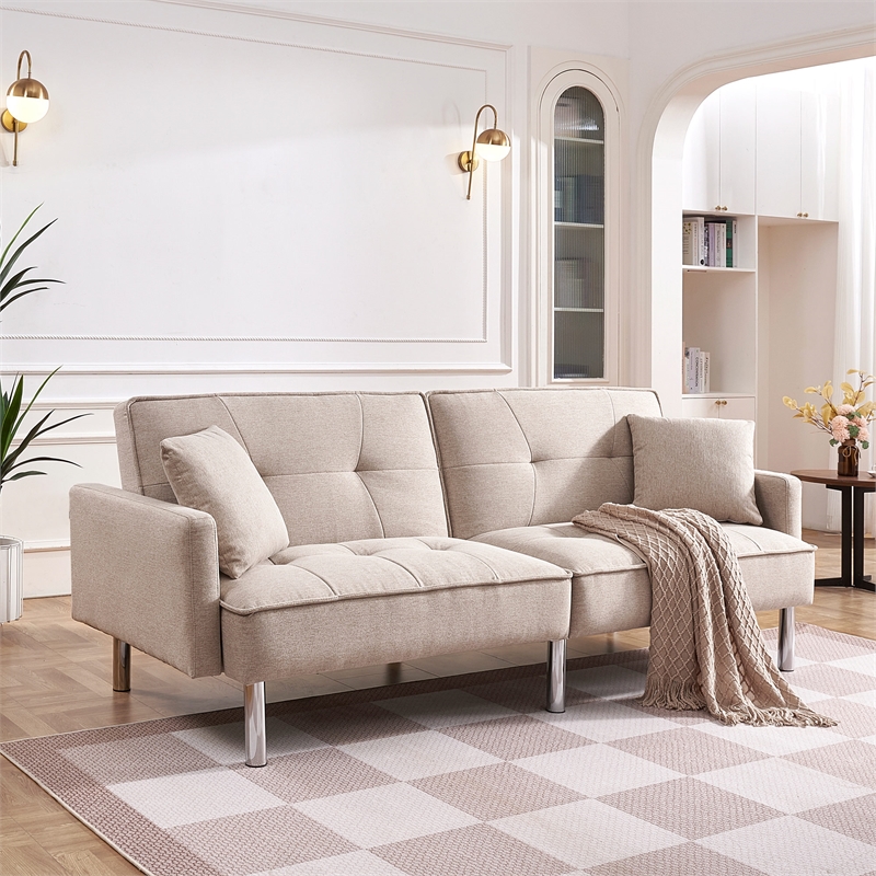 Tufted Futon Convertible Sofa Sleeper with Two Throw Pillows in Beige Velvet