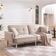 Tufted Futon Convertible Sofa Sleeper with Two Throw Pillows in Beige Velvet