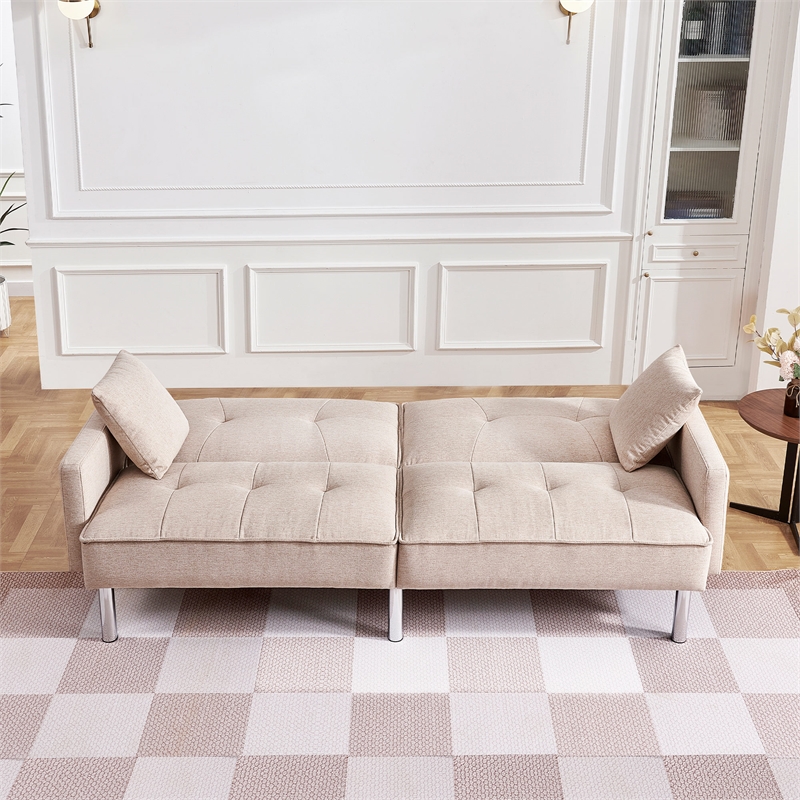 Tufted Futon Convertible Sofa Sleeper with Two Throw Pillows in Beige Velvet