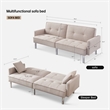 Tufted Futon Convertible Sofa Sleeper with Two Throw Pillows in Beige Velvet