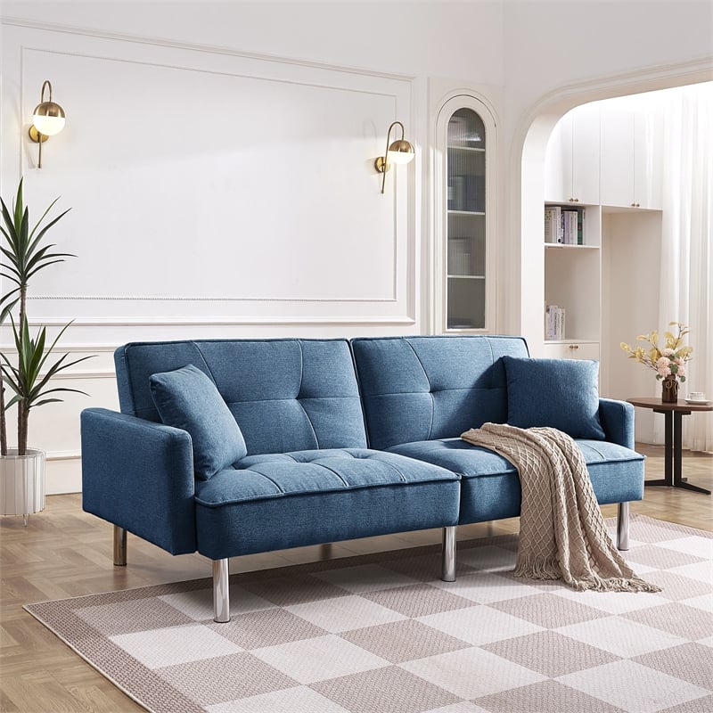 Tufted Futon Convertible Sofa Sleeper with Two Throw Pillows in Blue Velvet