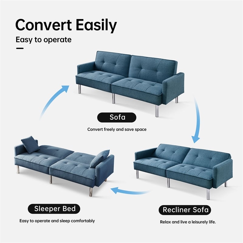 Tufted Futon Convertible Sofa Sleeper with Two Throw Pillows in Blue Velvet