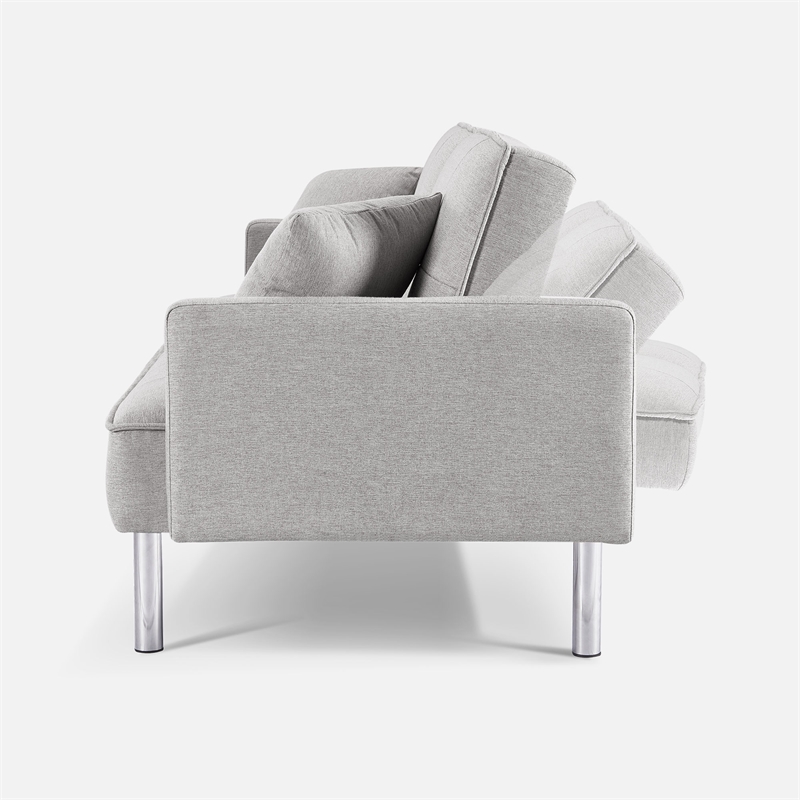 Tufted Futon Convertible Sofa Sleeper w/ Two Throw Pillows in Light Grey Velvet