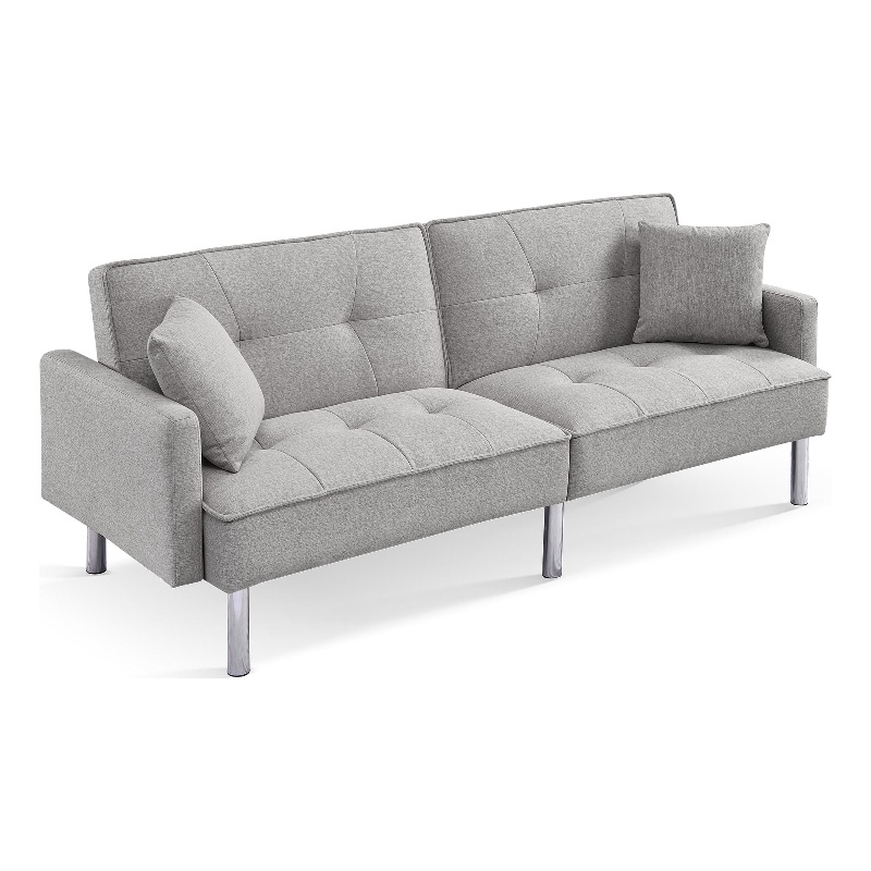 Tufted Futon Convertible Sofa Sleeper w/ Two Throw Pillows in Light Grey Velvet