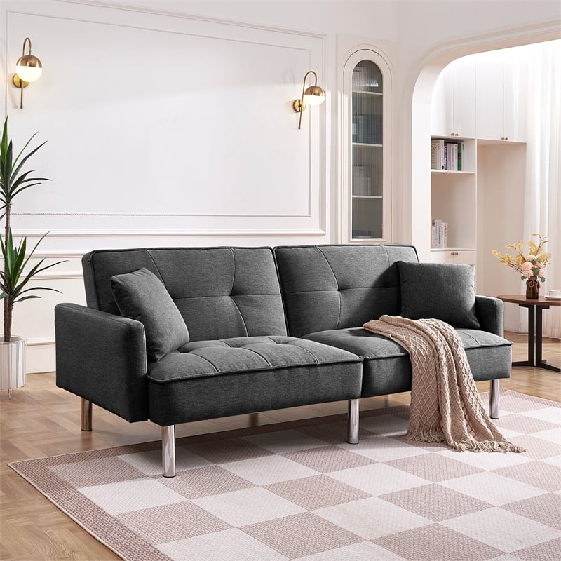 Tufted Futon Convertible Sofa Sleeper with Two Throw Pillows in Dark Grey Velvet