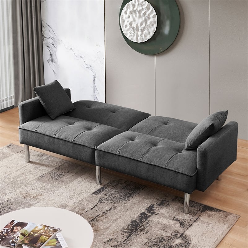 Tufted Futon Convertible Sofa Sleeper with Two Throw Pillows in Dark Grey Velvet