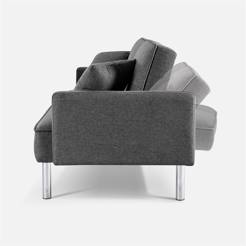 Tufted Futon Convertible Sofa Sleeper with Two Throw Pillows in Dark Grey Velvet