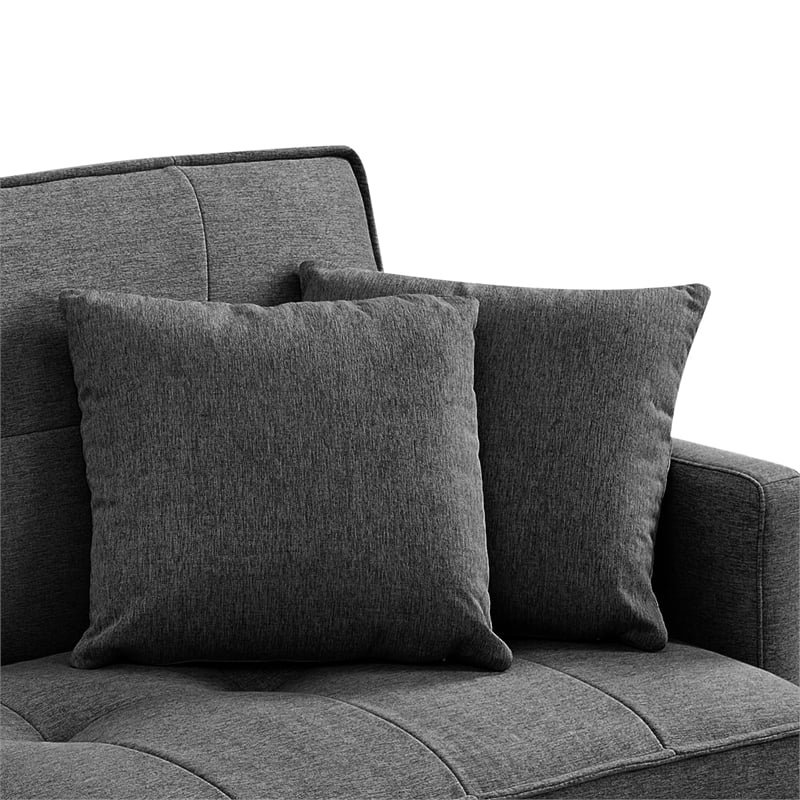 Tufted Futon Convertible Sofa Sleeper with Two Throw Pillows in Dark Grey Velvet