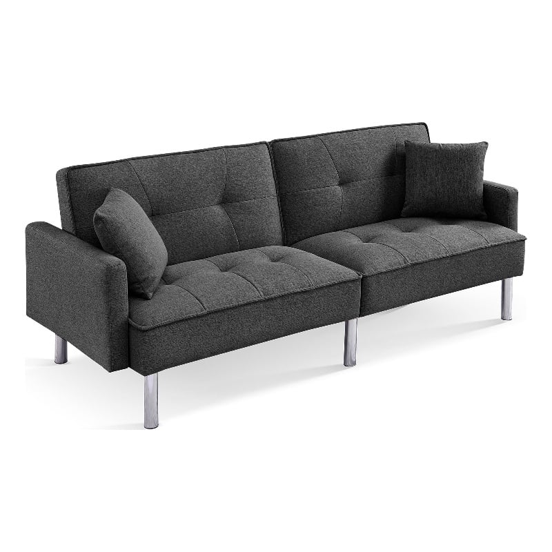 Tufted Futon Convertible Sofa Sleeper with Two Throw Pillows in Dark Grey Velvet