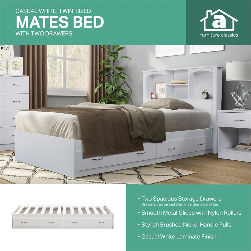 OS Home and Office Furniture Twin Sized White Mates Bed with Two Drawers