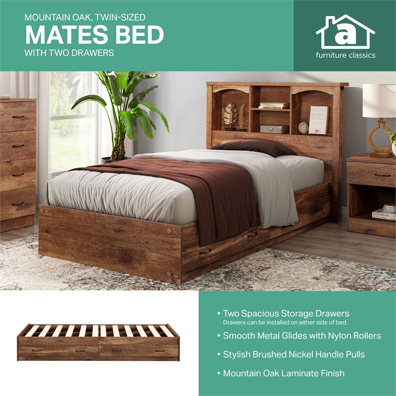 OS Home and Office Furniture Twin Sized Mountain Oak Mates Bed with Two Drawers