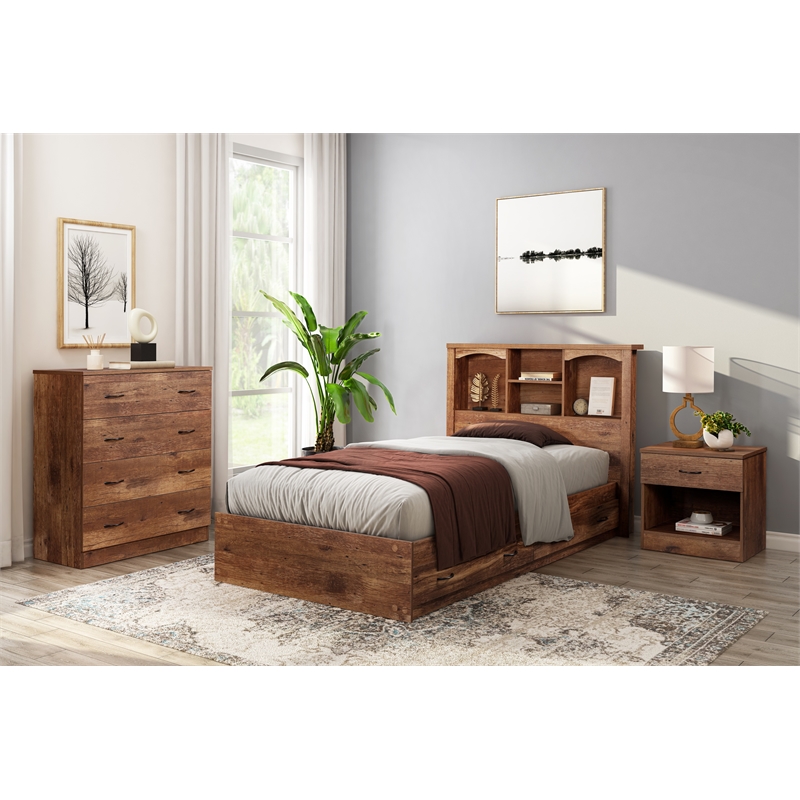 OS Home and Office Furniture Twin Sized Bookcase Headboard Platform Bed in Oak