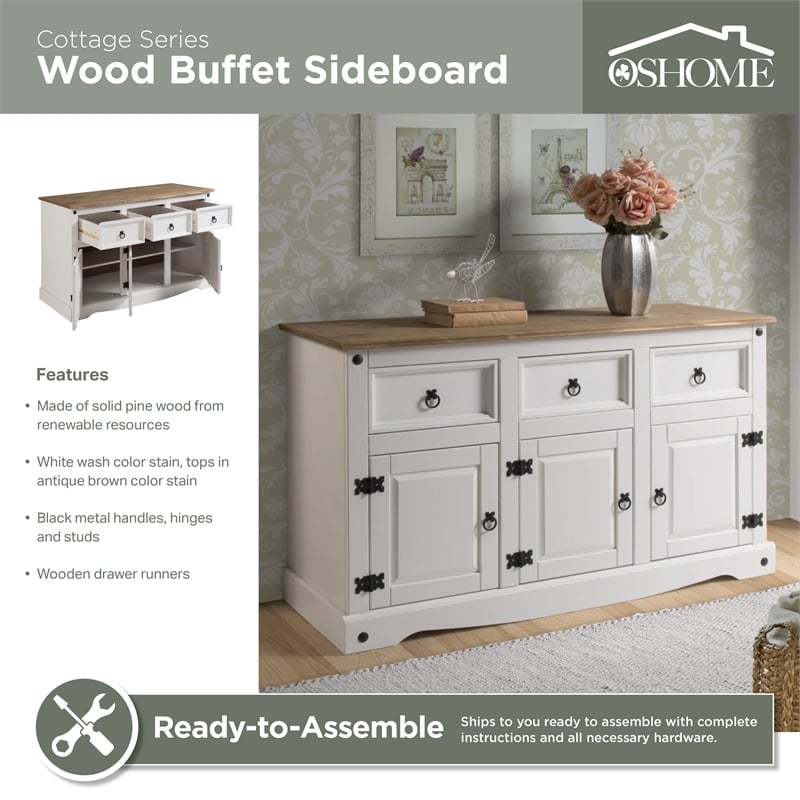 OS Home and Office Furniture Cottage Series Wood Buffet Sideboard in White